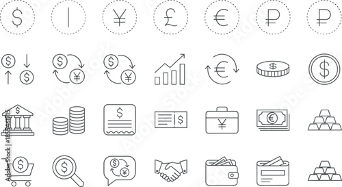 Outline Vector Icon Set Representing Global Banking Currency Exchange Financial Transactions International Markets Investment Portfolios and Monetary Wealth Concepts