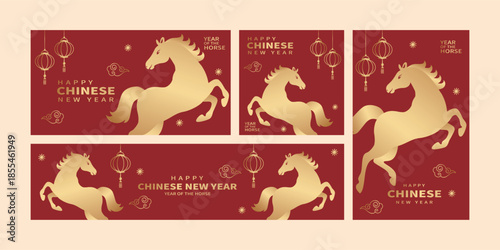 2026 Year of the Horse Chinese New Year greeting card design with golden horse motifs, available in multiple vector banner sizes.