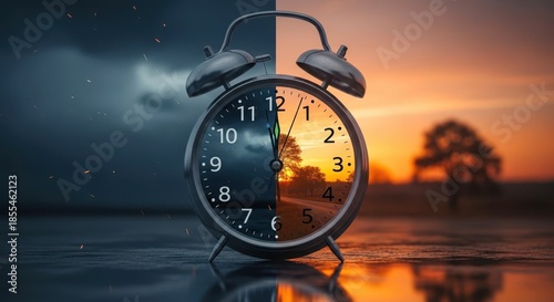 Split view shows clock during day and night. Concept of daylight saving time. Clock face shows time difference. Daytime sunset sky and nighttime dark with sparkles.