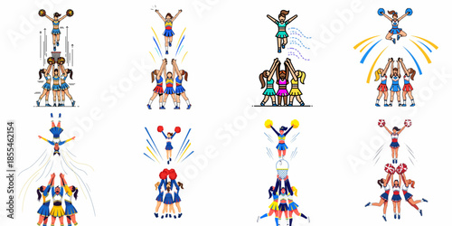Dynamic Cheerleading Stunts and Jumps Collection: Vector illustrations showing athletic teams performing pyramids, basket tosses, and spirited routines.