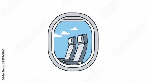 Airplane Window View of Empty Passenger Seats Inside Aircraft Cabin.