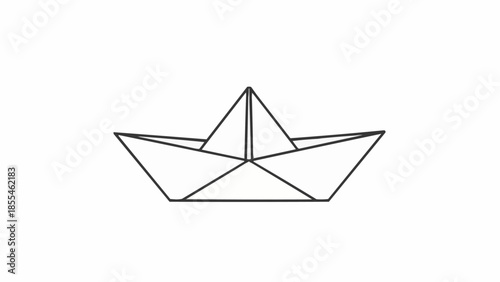 A simple black outline drawing of a paper boat, a classic childhood toy.