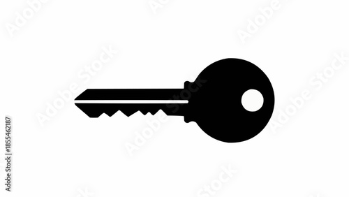 A simple black silhouette of a single house key on a white background.