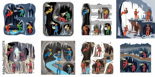 Cavers and speleologists exploring deep underground caves, rappelling, surveying formations, and navigating subterranean environments in a detailed illustration set.