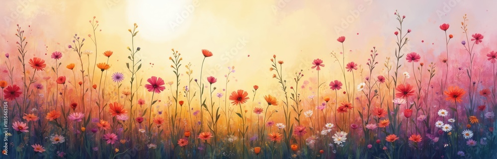 Fototapeta premium Watercolor art of diverse wildflowers blooming in vibrant colors. Sunny meadow with tall grasses under soft golden sky. Nature background for invitations or cards.