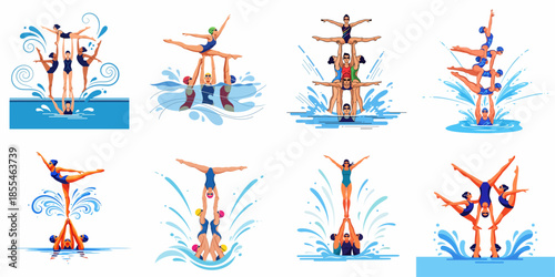 Dynamic Vector Set of Synchronized Swimming Performances, Featuring Team Lifts, Artistic Stunts, and Pyramids in Blue Water.