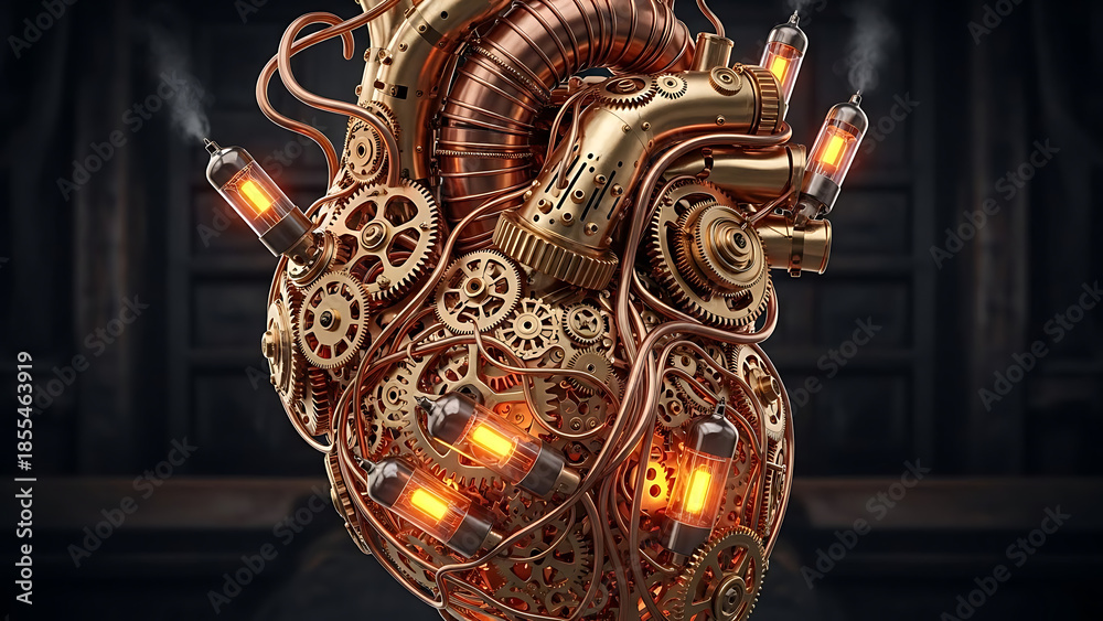 Obraz premium Intricate Steampunk Mechanical Heart with Gears, Glowing Vacuum Tubes, and Copper Pipes