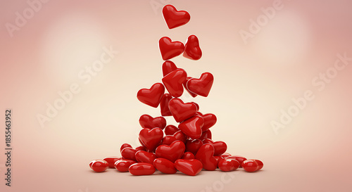 Red hearts falling on pile of hearts on pink background