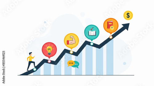 A person climbing a staircase with icons representing financial growth and success, viewed from the side