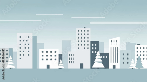 Cityscape illustration featuring modern buildings and urban landscape from a distant viewpoint