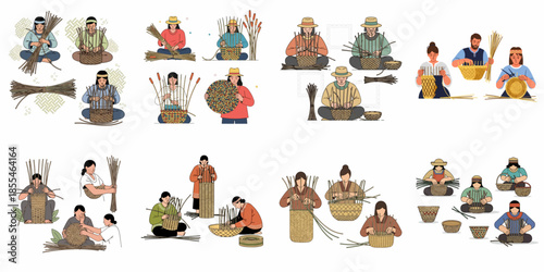 Traditional Basket Weaving Craft set featuring diverse people creating handmade wicker and rattan products using natural raw materials.