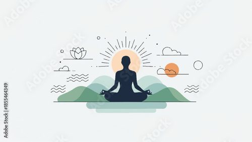 A person meditating on a serene landscape with a sunrise in the background