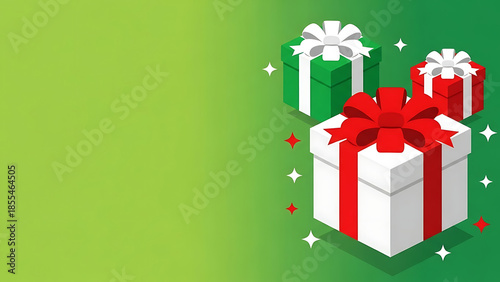 Isometric gift box set on green background. White and green presents with red and white bows. Vector 3D gift boxes with sparkles for holiday design
