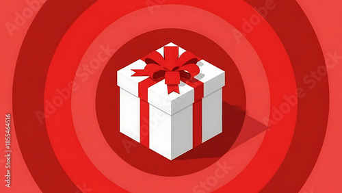 3D isometric white gift box with red bow on red circular background. Vector illustration of a single present for sale or holiday promotion