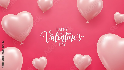 Happy Valentine's Day background with pink heart balloons. Realistic 3D heart shaped balloons floating on pink background with elegant script text