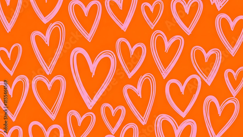 Hand drawn pink scribble heart pattern on orange background. Vector doodle sketch hearts ornament. Artistic line art background for wallpaper or wrapping paper