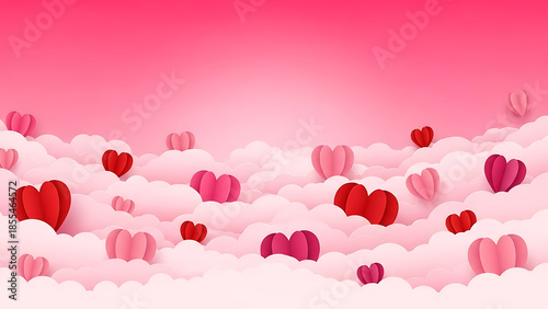 Paper cut heart and cloud background. Origami red and pink hearts flying on clouds for Valentine's Day. Vector illustration soft pink sky background