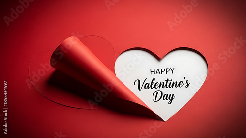 Happy Valentine's Day card with paper peel heart. Red paper cut heart revealing white background with typography. Creative romantic greeting card concept