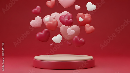 Floating 3D hearts over a red and beige podium. Romantic celebratory background for Valentine's Day product placement