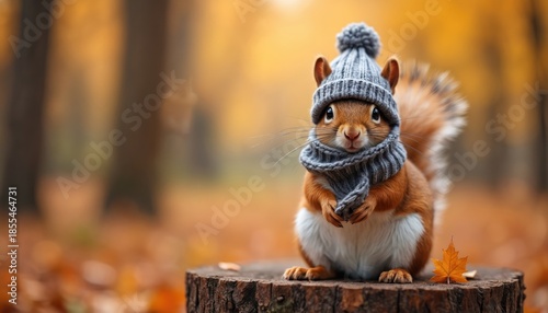 Cute squirrel in knitted hat and scarf sits on tree stump. Autumn forest ground covered with orange leaves. Animal wears winter clothing, looks cozy and warm.