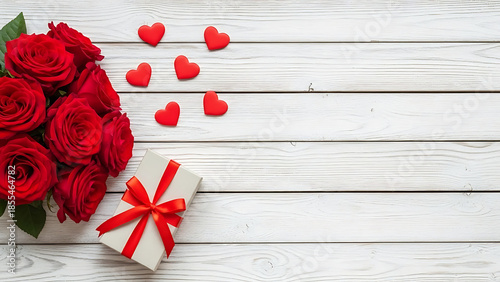 Red roses bouquet and gift box on white wooden background. Romantic flat lay with small red hearts decoration