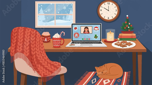 A cat resting beside a laptop on a desk with Christmas decorations during a video call