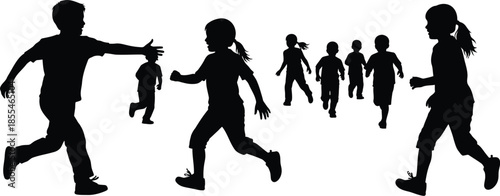 Silhouettes of energetic children running and playing tag outdoors against a bright white background symbolizing childhood fun and activity