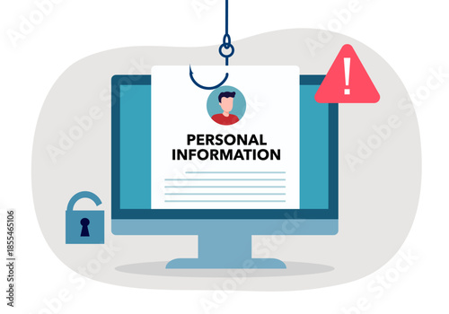 Phishing attack, malware, virus, cyber security and internet privacy. Hacker with computer stealing personal data