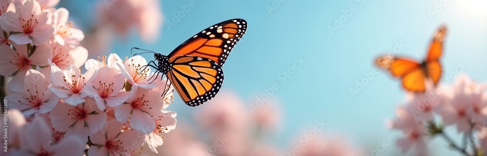 Fototapeta premium Monarch butterfly lands on pink cherry blossom flowers. Another butterfly flies in soft blue sky background. Spring nature scene, macro detail. Delicate petals bloom bright.