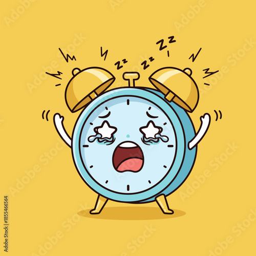 Cartoon Alarm Clock Crying with Star Eyes and Ringing Bells.