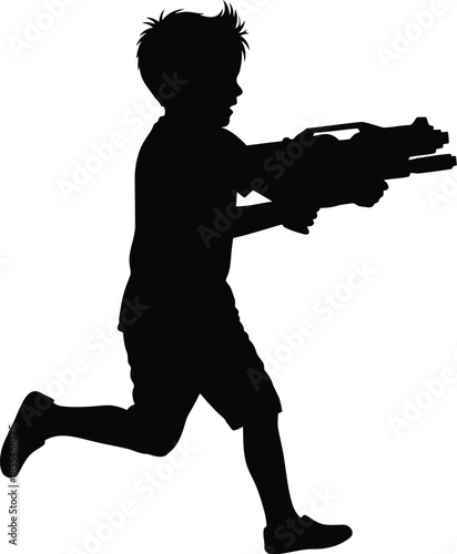 Silhouette of a young boy running while holding a large futuristic toy water blaster gun against a white background
