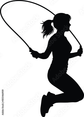 Silhouette of fit woman jumping rope midair during intense cardio workout isolated on a clean white background for fitness graphics