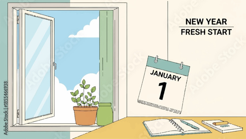 A calendar marking January 1st stands on a desk near an open window with a plant, symbolizing a fresh start on New Year's Day.