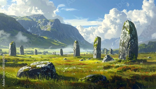 Mystical standing stones landscape in scottish highlands with dramatic cloudy sky