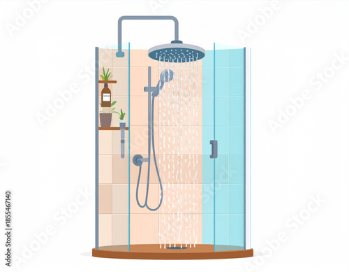 A modern shower cabin with glass walls, rain shower, handheld shower, and shelves with plants and bottles on a white background.