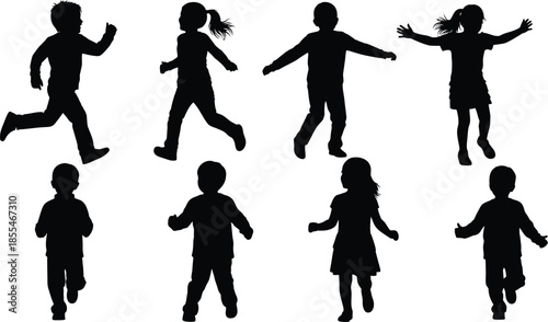 Collection of diverse children silhouettes running and playing actively against a clean white background for childhood concepts