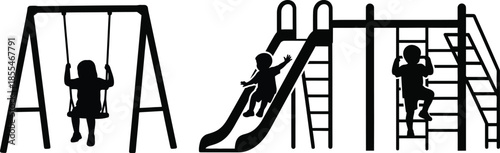 Black silhouette icons depict children enjoying playground activities like swinging sliding and climbing on jungle gym equipment