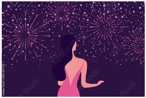 Beautiful woman standing  at balcony on cityscape night time vector illustration. 