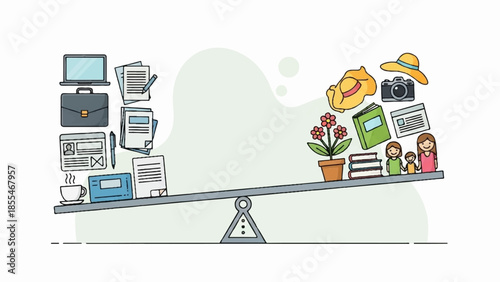 A seesaw balancing various office supplies and technology on one side with leisure items on the other