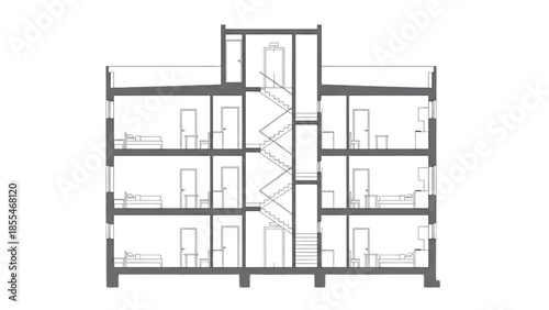 Architectural Cross-Section Drawing Showcasing a Multi-Story Residential Building with Internal Layout and Vertical Access