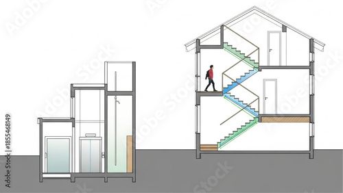 Detailed architectural cross-sections revealing building interior designs, including multi-level stairs and modern elevator systems for homes