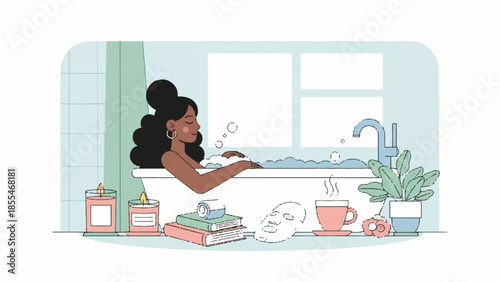 A serene woman relaxing in a warm bathtub surrounded by books and calming elements in a peaceful bathroom setting