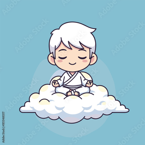 Chibi character meditating on a cloud, eyes closed, serene expression.