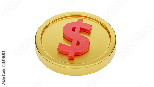 3D Golden coin with red dollar symbol on transparent background