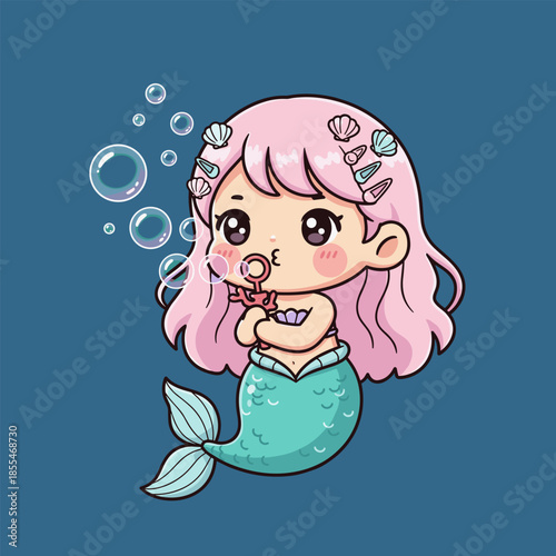 Chibi Mermaid Blowing Bubbles in the Deep Blue Sea.