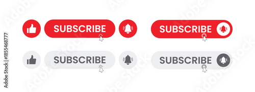 Modern Subscribe Button UI Set with Like and Notification Bell Icons for Digital Media, Video Channels, and Call-to-Action Marketing Designs