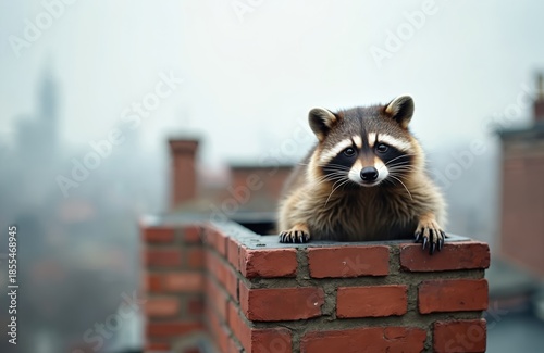 Raccoon rests on red brick chimney overlooking hazy cityscape. Wild animal appears curious, looking directly at camera. Rooftops, distant buildings form urban background under soft gray sky. Urban