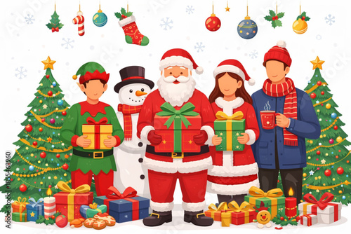santa claus with gifts and christmas tree