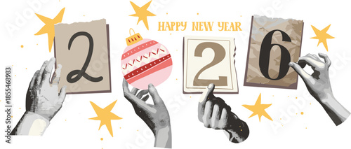 Vintage New Year 2026 collage with hands holding paper scraps hanging pink ornament and hand-drawn stars vector illustration.
