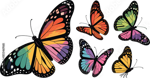 Colorful butterfly illustration set with vibrant wings, tropical insects collection, detailed nature art, decorative wildlife design, isolated white background